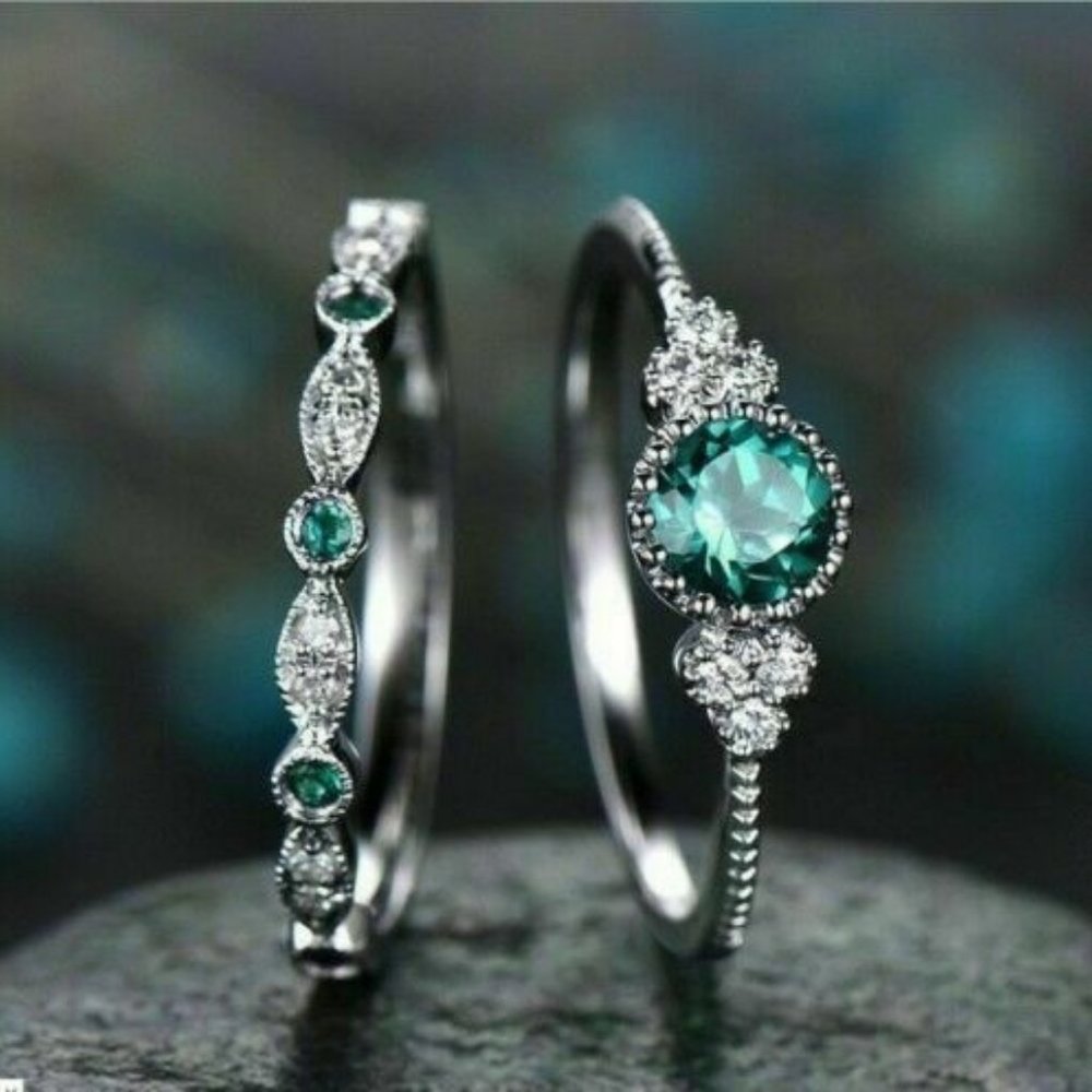 2pcs set 925 Silver Women Wedding  Green/white